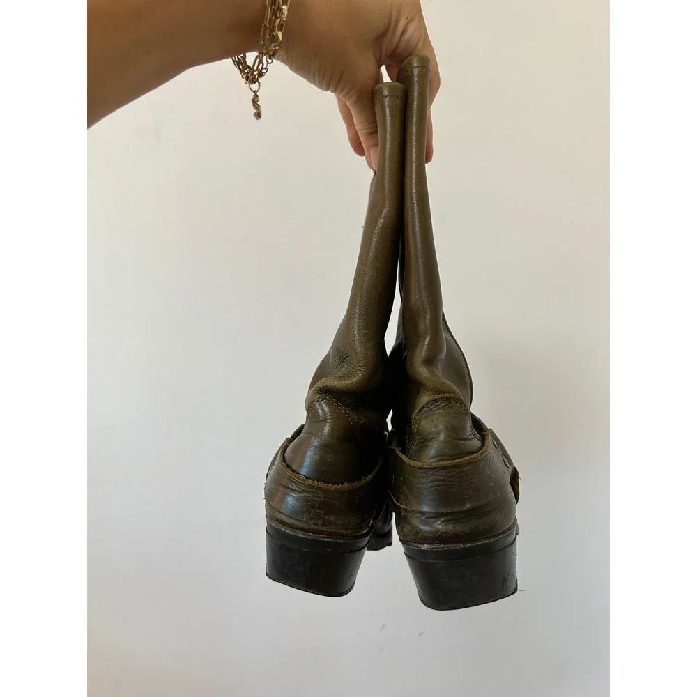 Frye Harness 12R Boots Mens Olive Green Leather Biker Square Toe Grunge 9